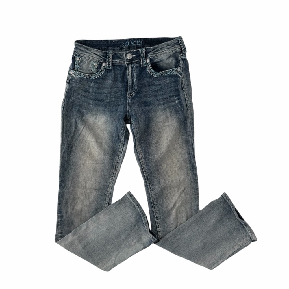 Grace in LA Women's Faded Denim Bootcut Y2K Classic Contrast Stitching Jeans